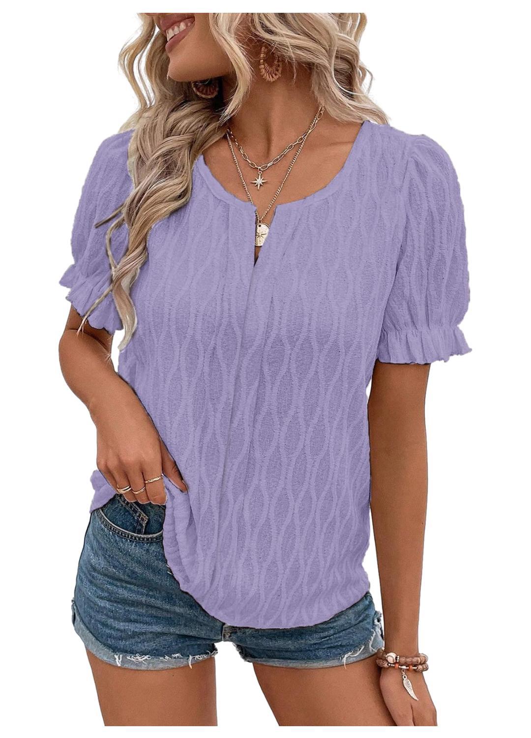 Blusa informal de jacquard de color liso con cuello en V y mangas abullonadas para mujer