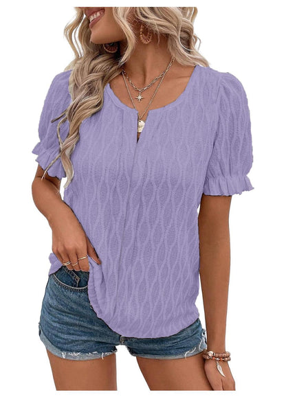 Blusa informal de jacquard de color liso con cuello en V y mangas abullonadas para mujer