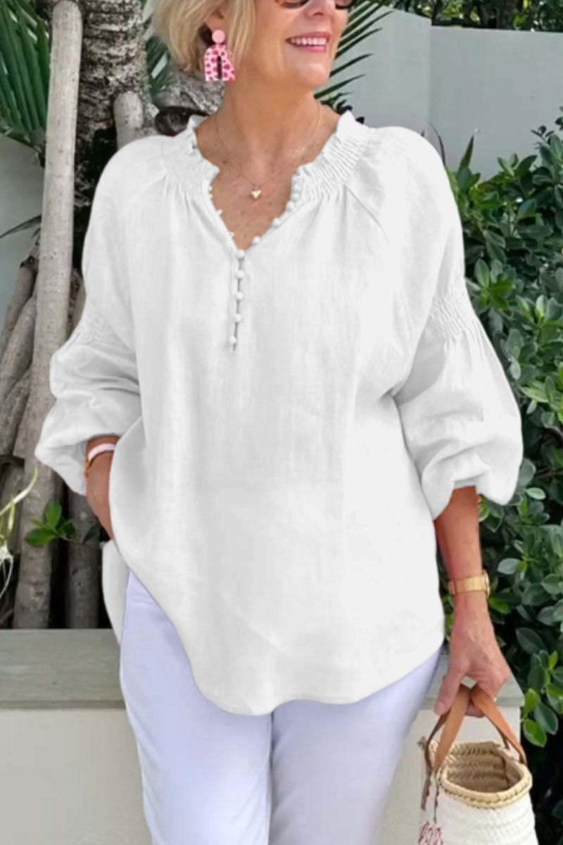 Blusa informal de algodón y lino de color liso con cuello en V y manga larga para mujer