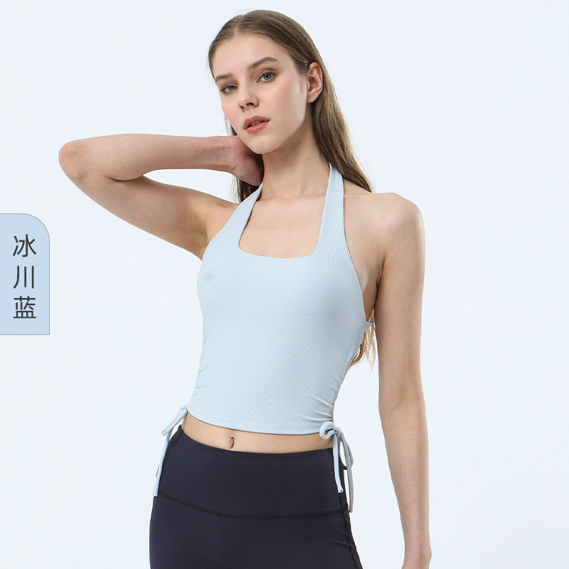 Women Casual Tight Solid Color Halter Neck Sleeveless Backless Drawstring Sports Tank Top