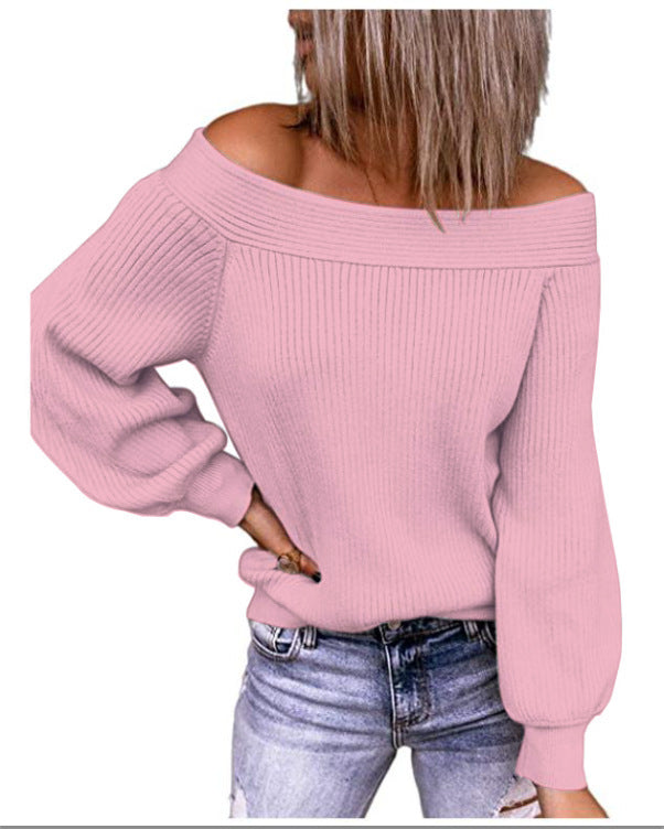 Women Casual Basic Off-the-shoulder Loose Knit Solid Color Sweater