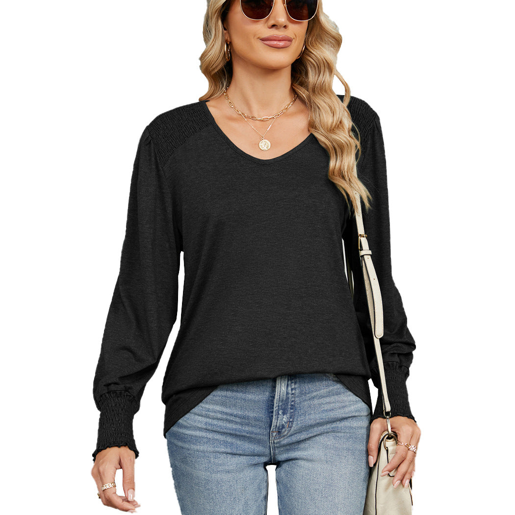 Camiseta informal holgada plisada de color liso con cuello en V y mangas farol para mujer