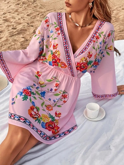 Vestido cruzado con mangas acampanadas y estampado floral bohemio vintage informal a la moda para mujer