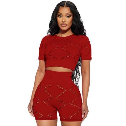 Conjunto de dos piezas de top corto y pantalones cortos de manga corta con aberturas de color liso informal para mujer