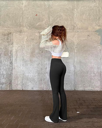 Pantalones deportivos básicos de color liso para mujer, informales, de punto acanalado, para yoga, ejercicio, cintura alta, acampanados