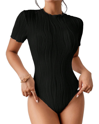 Women Fashion Casual Corrugated Round Neck Short Sleeve Bodysuits