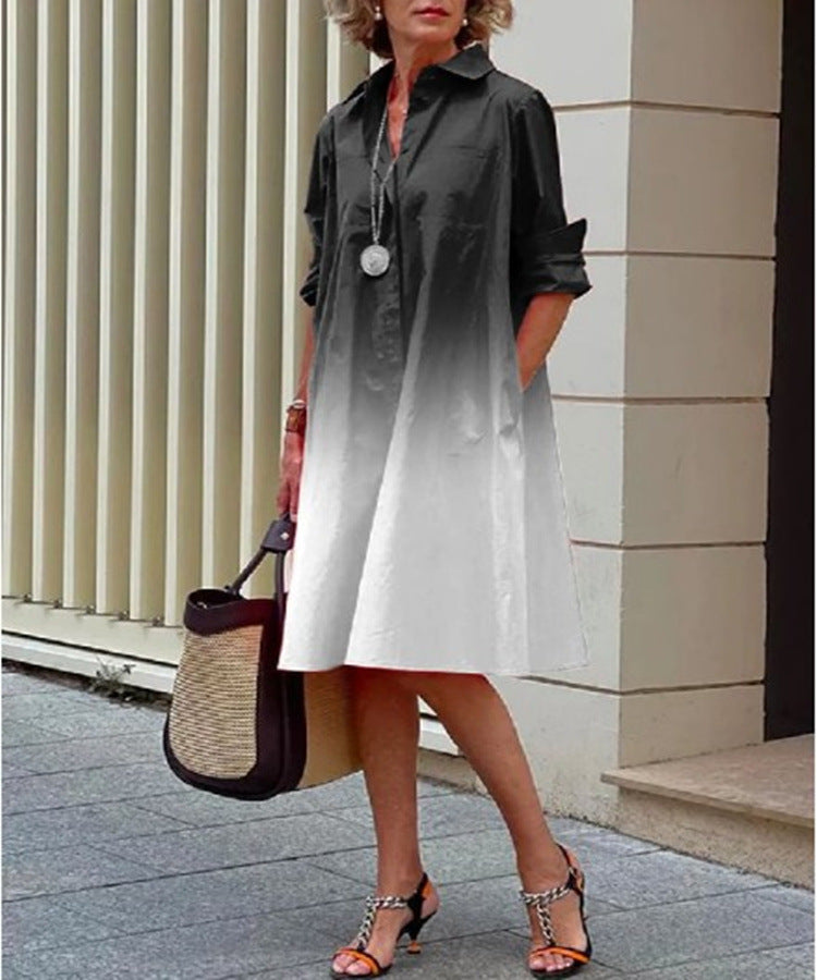 Office Casual Fashion Women Gradient Printing Shirt Collar Long Sleeve Pocket Dress