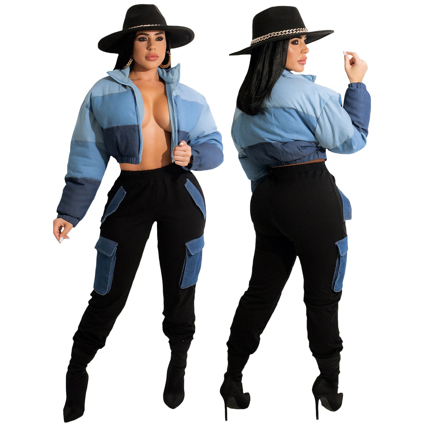 Autumn Winter Women Loose Casual Color-Matching Long-Sleeve Short Cotton-Padded Coat