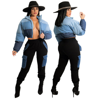 Autumn Winter Women Loose Casual Color-Matching Long-Sleeve Short Cotton-Padded Coat