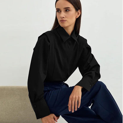 Camisa informal de manga larga con solapa de color liso a la moda para mujer