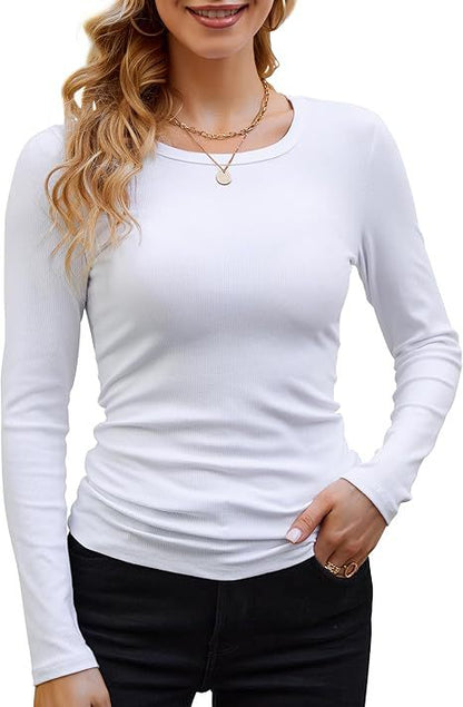 Camiseta informal de manga larga con cuello redondo y ribete de color liso para mujer