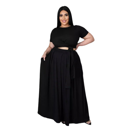 Women Fashion Casual Plus Size Solid Color Cross Strap Short-Sleeve Top Loose Skirt Two-Piece Set