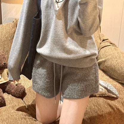 Women Fashion Casual Lamb Fleece High-Waist Wide Leg Shorts