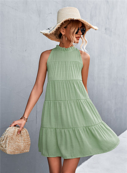 Vestido de verano para mujer, informal, dulce, de color liso, sin mangas, con cuello halter, holgado, corte A