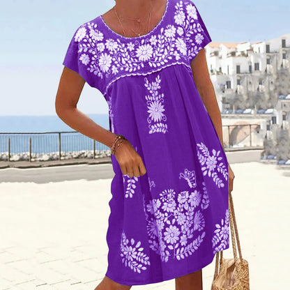 Vestido holgado informal bohemio de manga corta con estampado floral y cuello redondo para mujer
