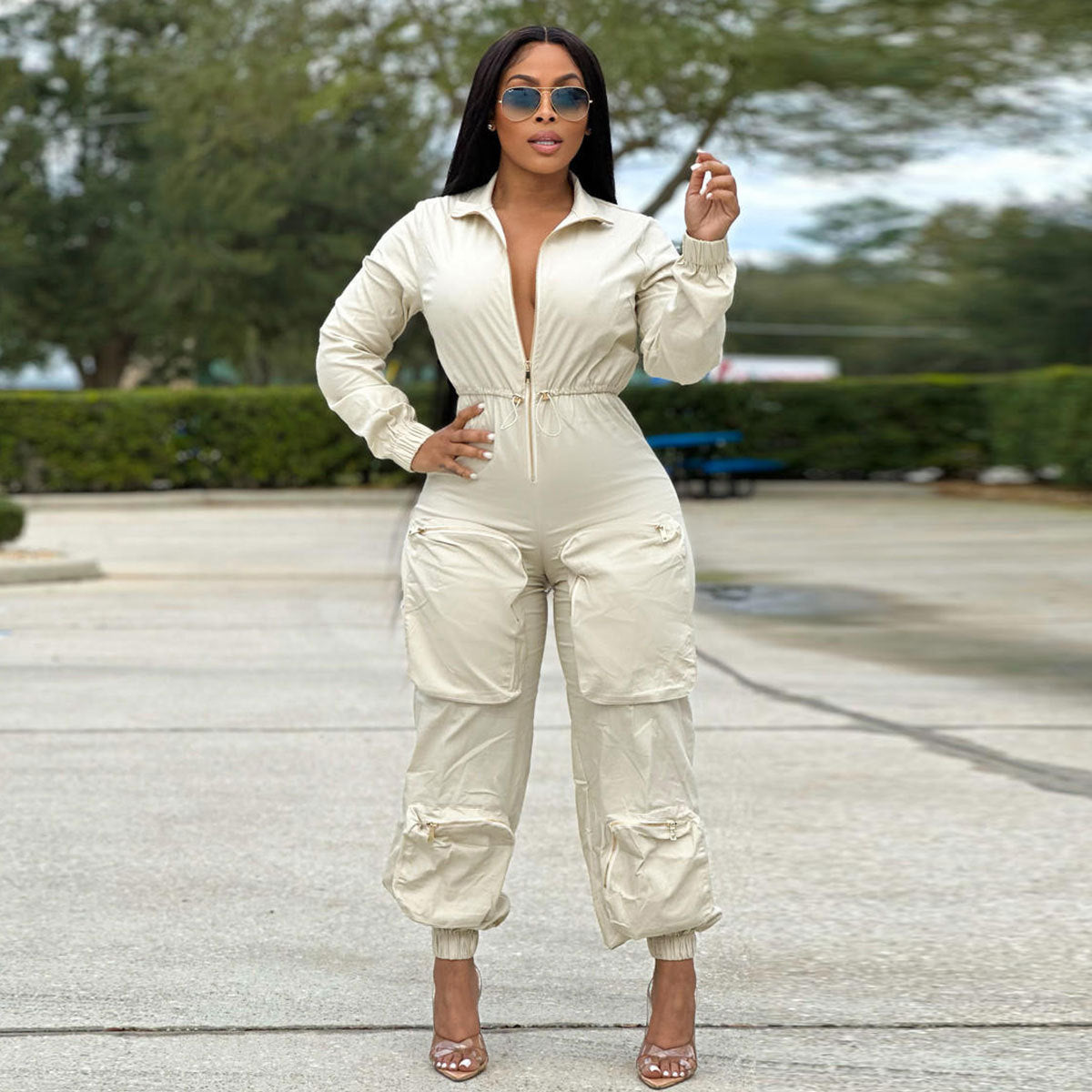 Women Casual Zipper Big Pocket Solid Cargo Jumpsuits