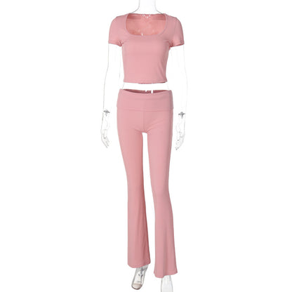 Conjunto de dos piezas de top corto y pantalones de manga corta con cuello redondo y color liso para mujer de verano