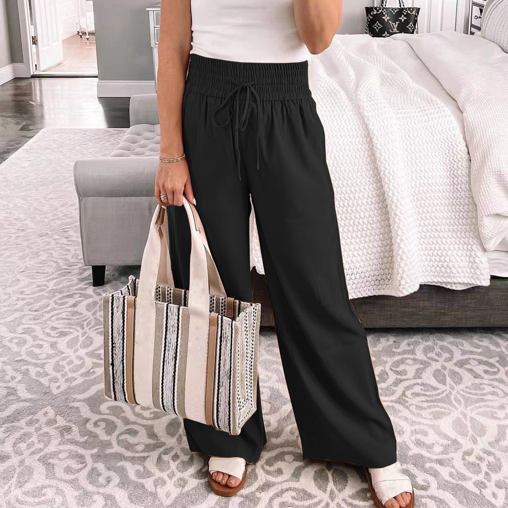Women Casual Solid Color Loose Mid-Waist Drawstring Wide-Leg Pants