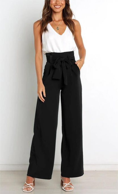 Pantalones casuales de cintura alta con lazo y cordones de color liso a la moda para mujer