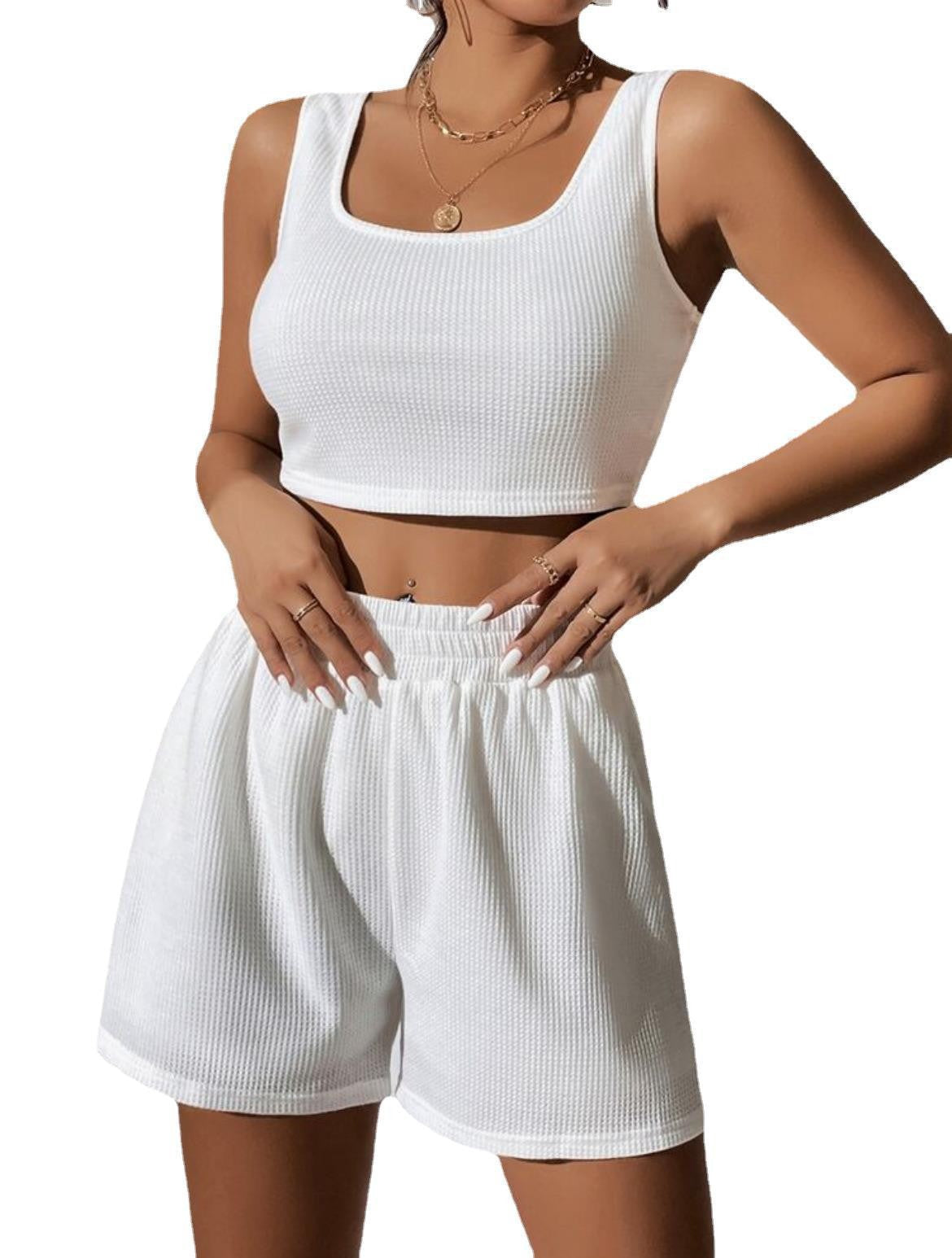 Conjunto casual de dos piezas para mujer, top y pantalones cortos de color liso