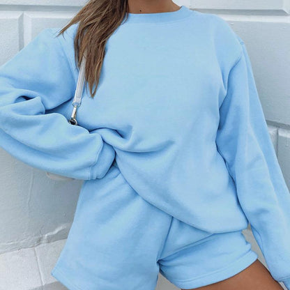 Women Fashion Casual Round Neck Sweatshirt Drawstring Shorts Two-Piece Set