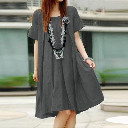Vestido holgado informal de manga corta con pliegues para mujer