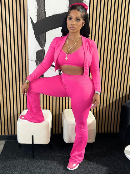 Women Fashion Casual Solid Color Camisole Long Sleeve Cardigan Top Tight Pants Three-Piece Set