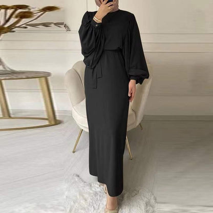 Women Fashion Casual Solid Color Round Neck Puff Sleeve Maxi Dress
