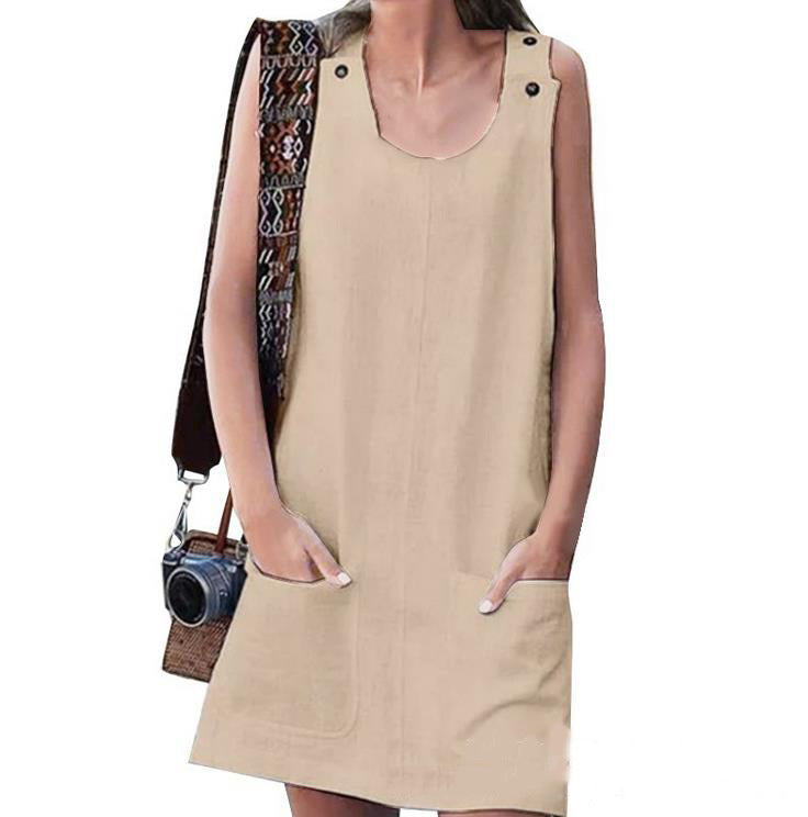 Summer Women Casual Solid Color Pocket Loose Dress