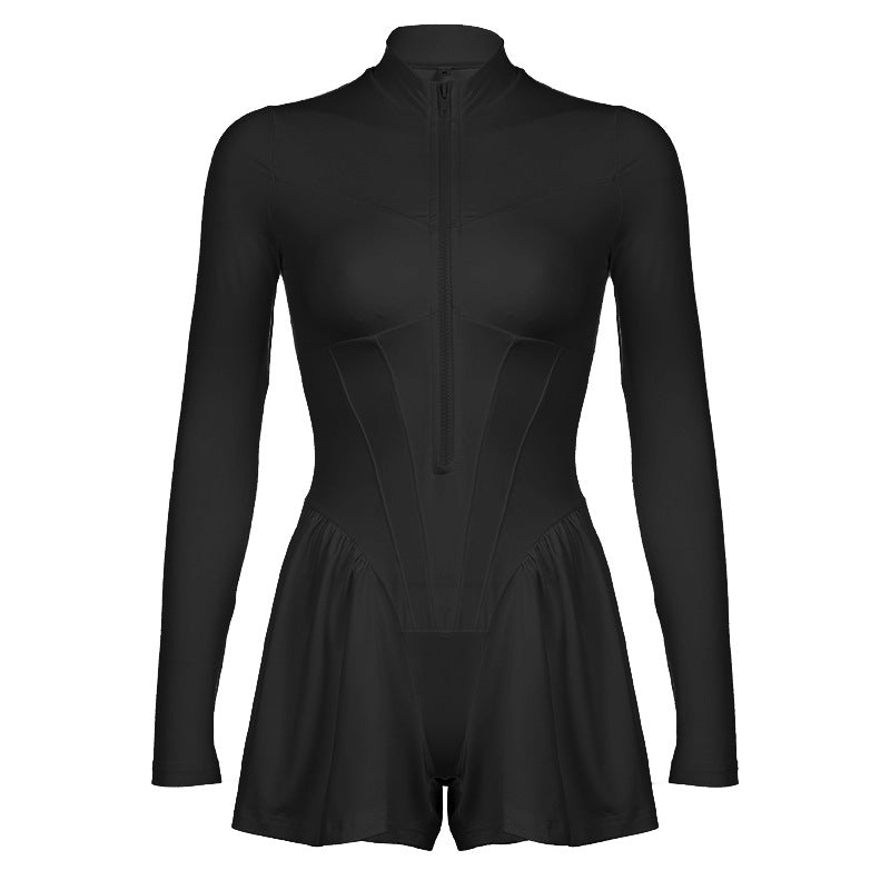 Women Fashion Casual Solid Color Zipper Plastic Waist Rompers