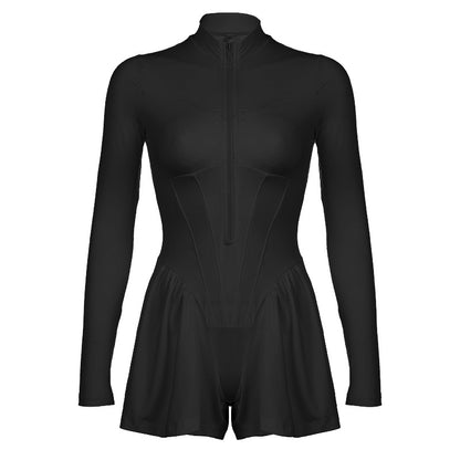 Women Fashion Casual Solid Color Zipper Plastic Waist Rompers