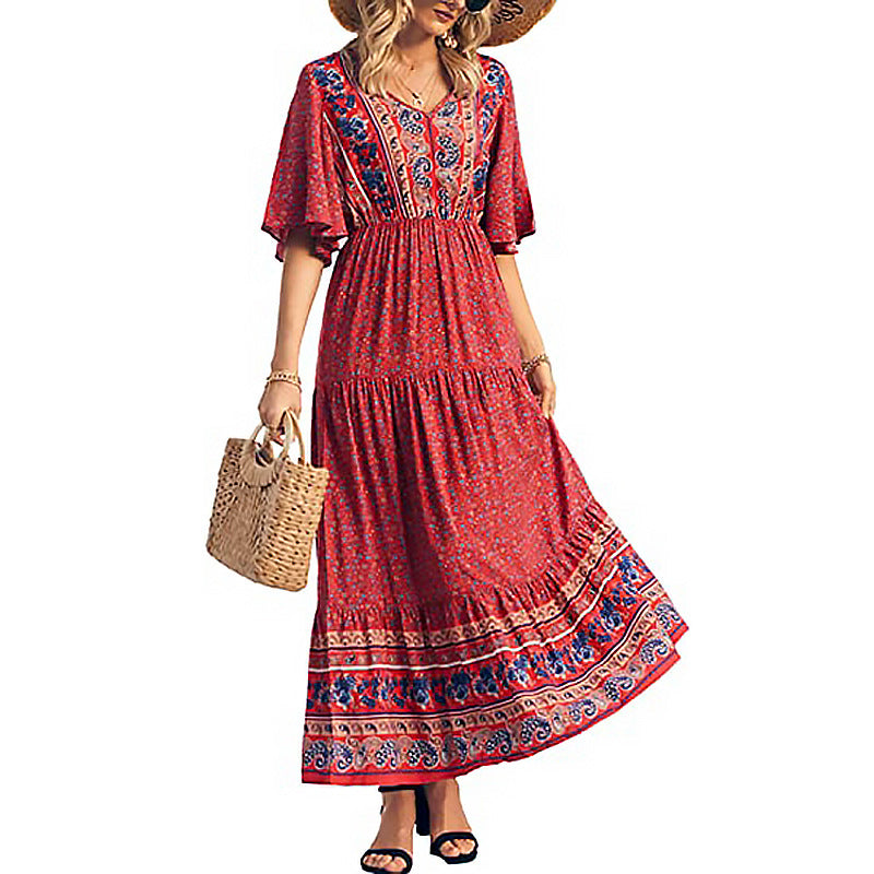 Women Bohemian Casual Floral Printing V-Neck Defined Waist Short Sleeve Dress