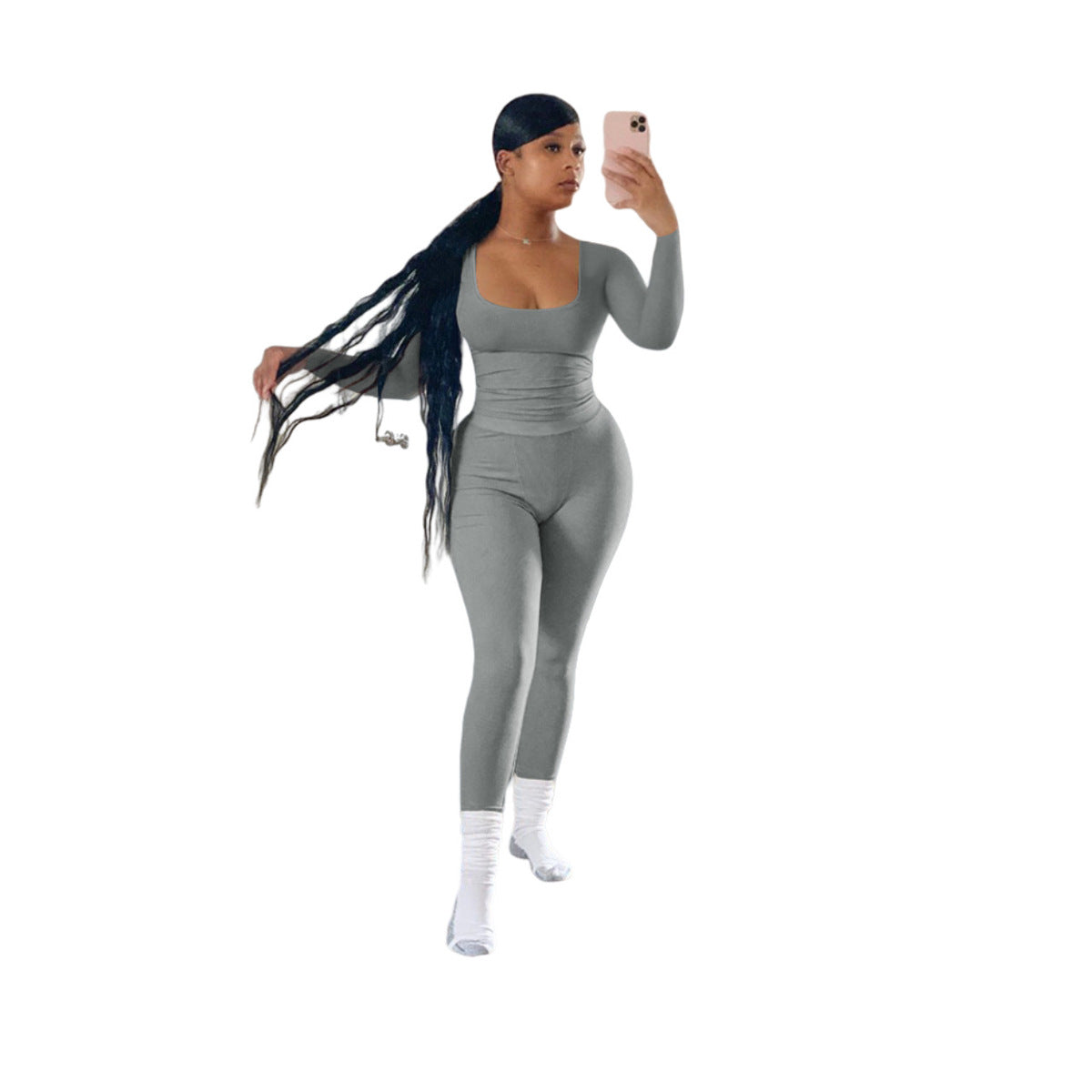 Women Fashion Casual Solid Color Thread Long Sleeve Top Tight Pants Two-Piece Set