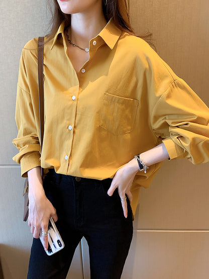 Camisa informal de manga larga con solapa y color liso para mujer