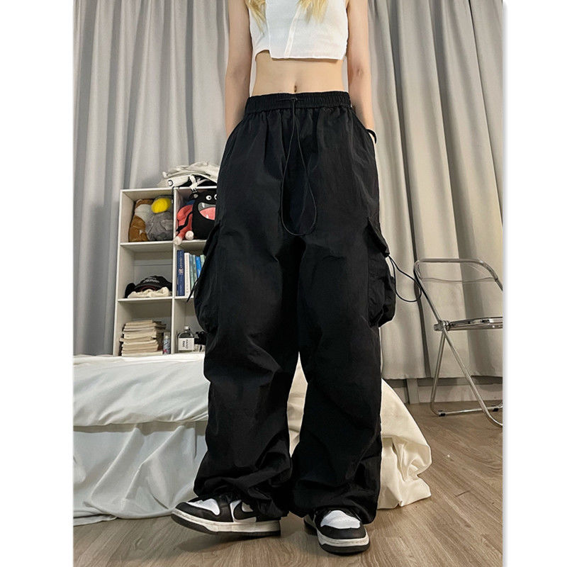 Retro Casual Women Straight Loose Wide-Leg Solid Color Side Pocket Cargo Pants