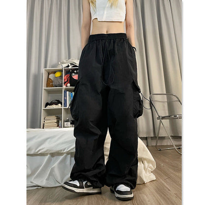 Retro Casual Women Straight Loose Wide-Leg Solid Color Side Pocket Cargo Pants