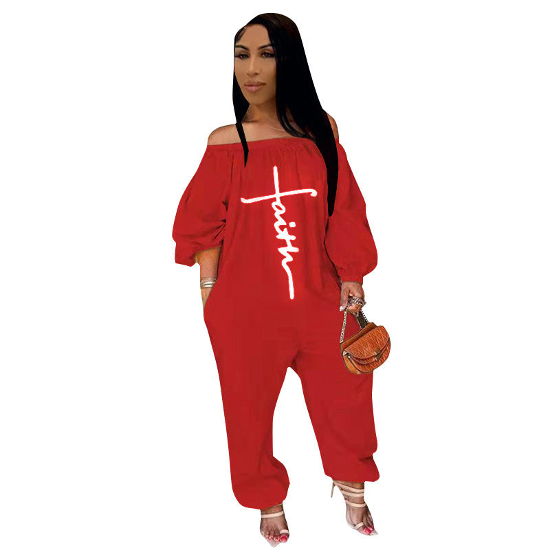 Women'S Fashion Casual Embroidered Off Shoulder Loose Jumpsuit