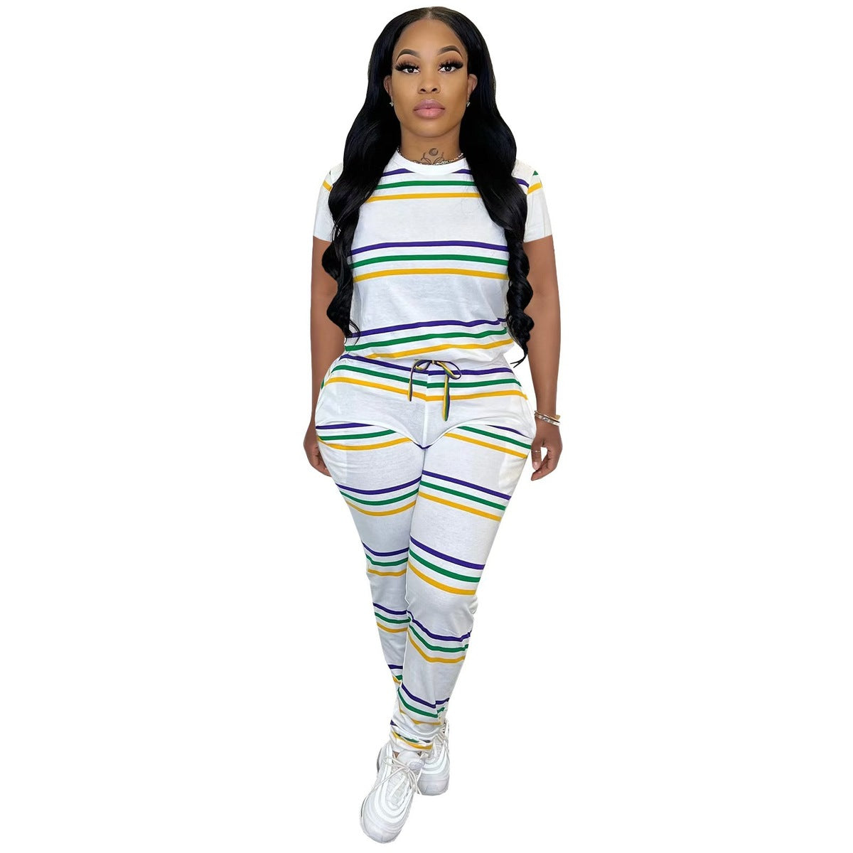 Women Fashion Casual Stripe Round Neck Short Sleeve T-Shirt Drawstring Slim-Fit Pants Two-Piece Set