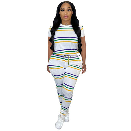 Women Fashion Casual Stripe Round Neck Short Sleeve T-Shirt Drawstring Slim-Fit Pants Two-Piece Set