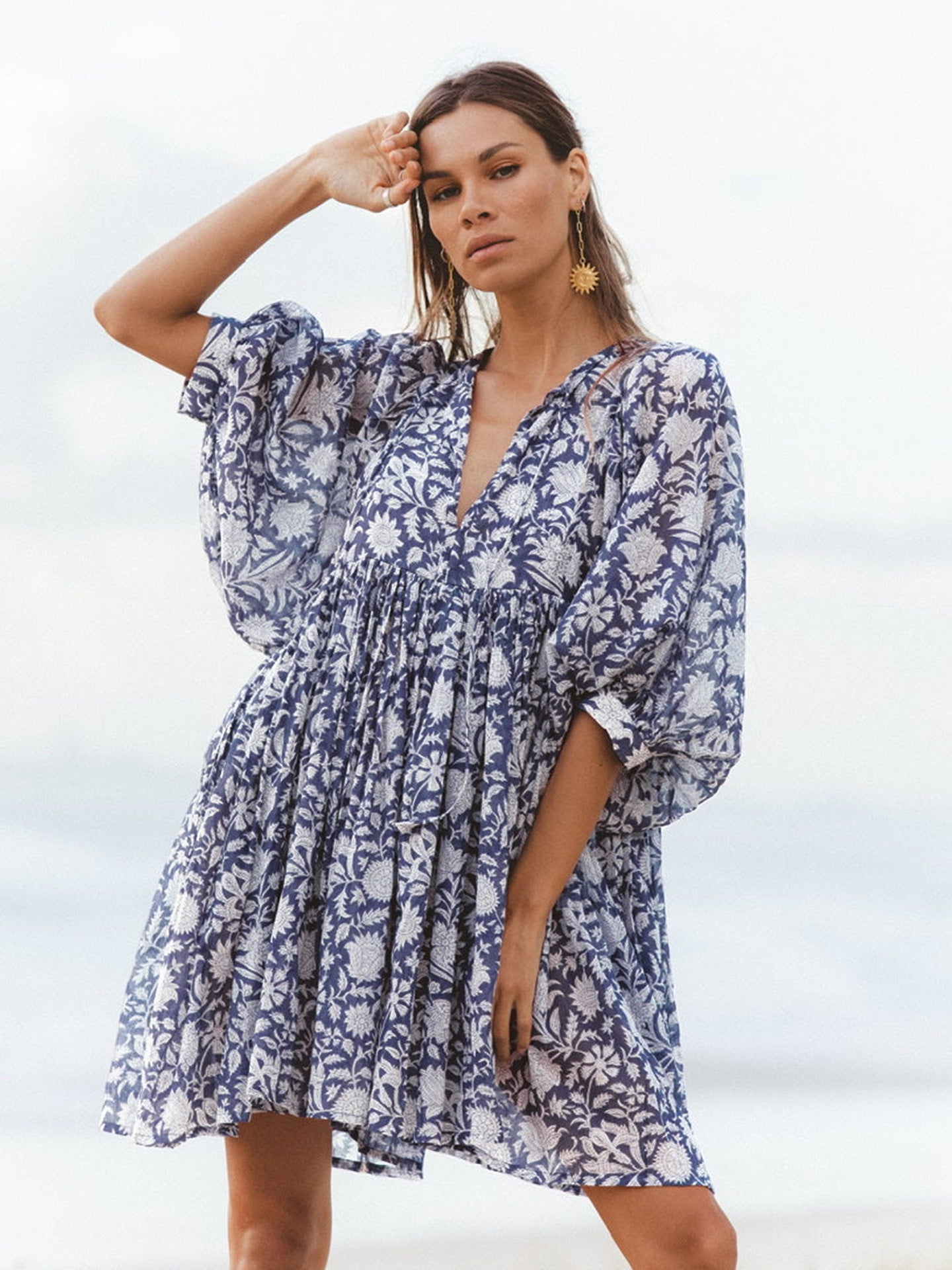 Fashion Women Floral Print Lace-Up V Neck Casual Loose Lantern Sleeve Dress