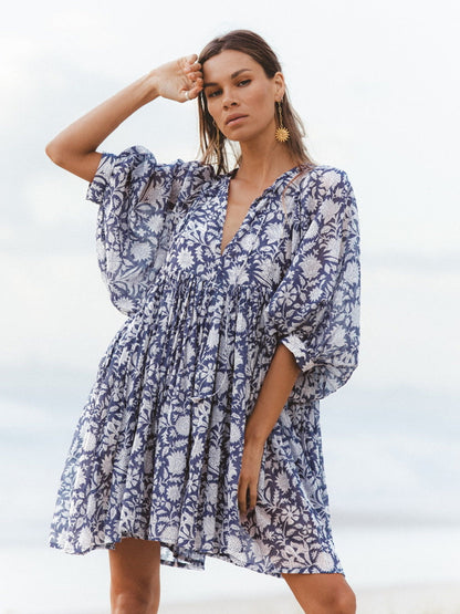 Fashion Women Floral Print Lace-Up V Neck Casual Loose Lantern Sleeve Dress