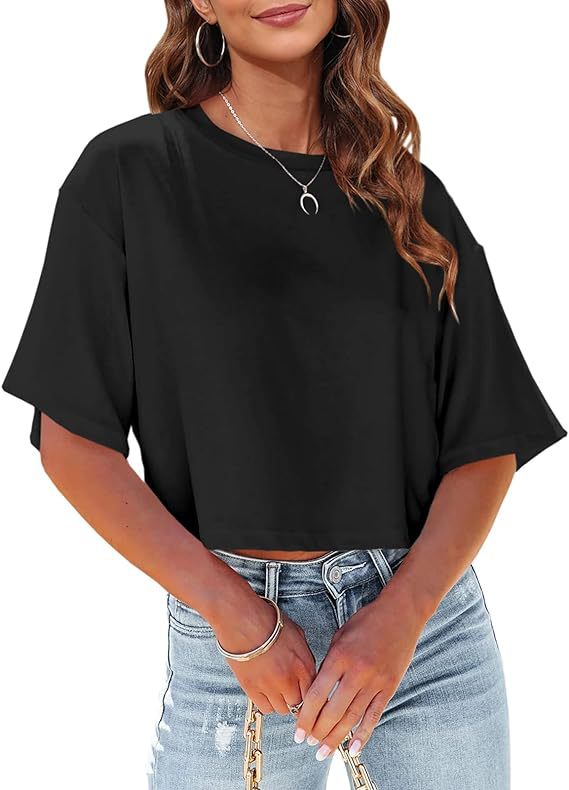 Camiseta básica informal de media manga con estampado de color liso para mujer