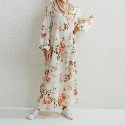 Women Casual Summer Vacation Tiny Flower Zipper Pullover Loose Fashion Pocket Maxi Dress