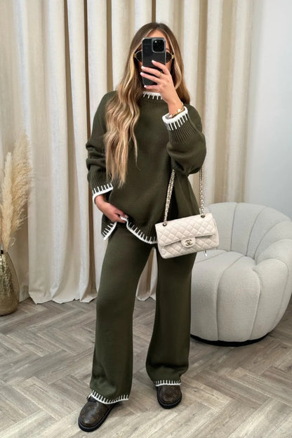 Casual Winter Fashion Solid Color Women Loose Knitted Sweater Pants Two-Piece Set