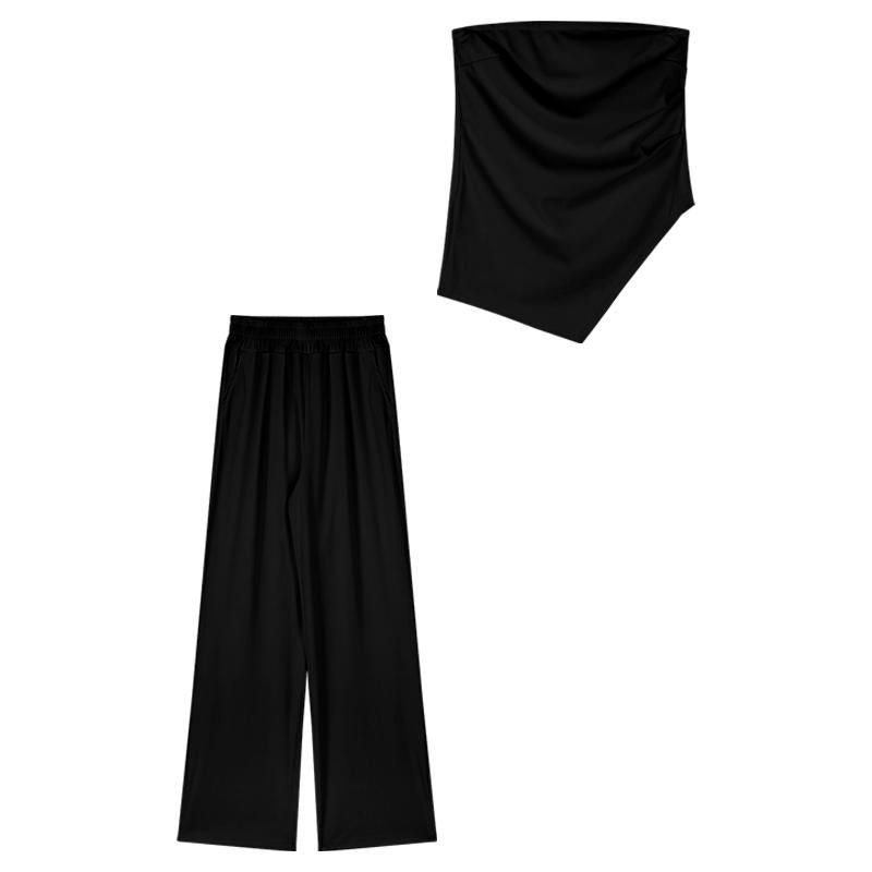 Conjunto de 2 piezas de verano para mujer, top de tubo irregular y pantalones anchos informales de cintura alta a la moda