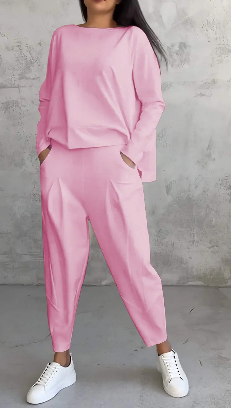 Conjunto de dos piezas de top y pantalón de manga larga con cuello redondo y color liso para mujer