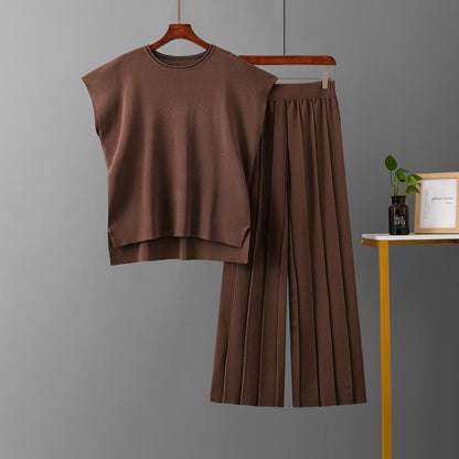 Conjunto de punto con pantalones anchos y chaleco sin mangas de color liso informal para mujer