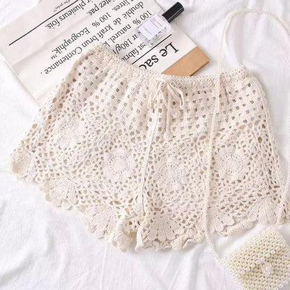 Women Loose Casual Crochet Knitted Solid Color Middle Waist Shorts