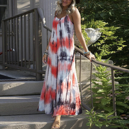 Women Fashion Casual Vacation Tie Dye Print Spaghetti Strap Maxi Loose Dress