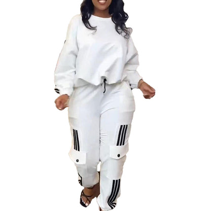 Women Fashion Casual Round Neck Long Sleeve Top Pocket Jogger Pants Two-Piece Set